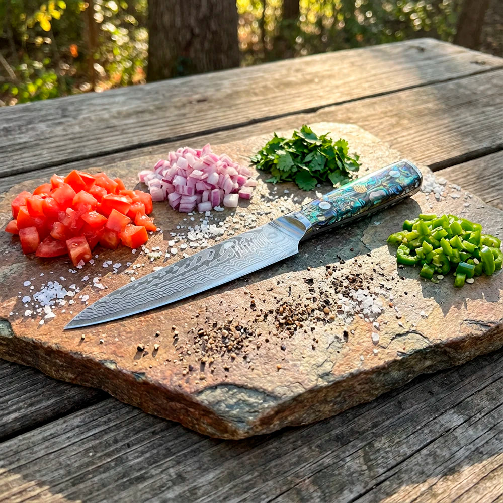 Cuchillo Puntilla Damasco 45 capas hoja 14 cm - NÁCAR DE MAR