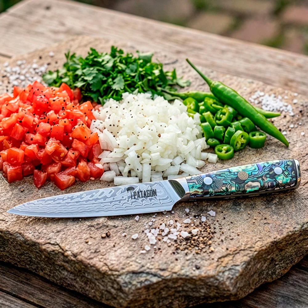 Cuchillo Puntilla Damasco 45 capas hoja 14 cm - NÁCAR DE MAR