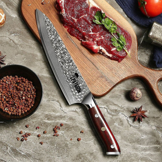 SÁNDALO MARTILLADO - Cuchillo Asador Acero Damasco 67 capas Hoja 20 cm PATAGÓN (7683999301734)