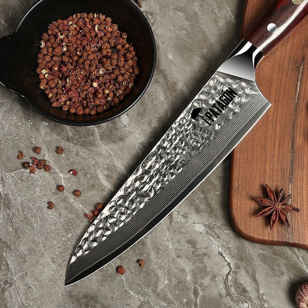 SÁNDALO MARTILLADO - Cuchillo Asador Acero Damasco 67 capas Hoja 20 cm PATAGÓN (7683999301734)