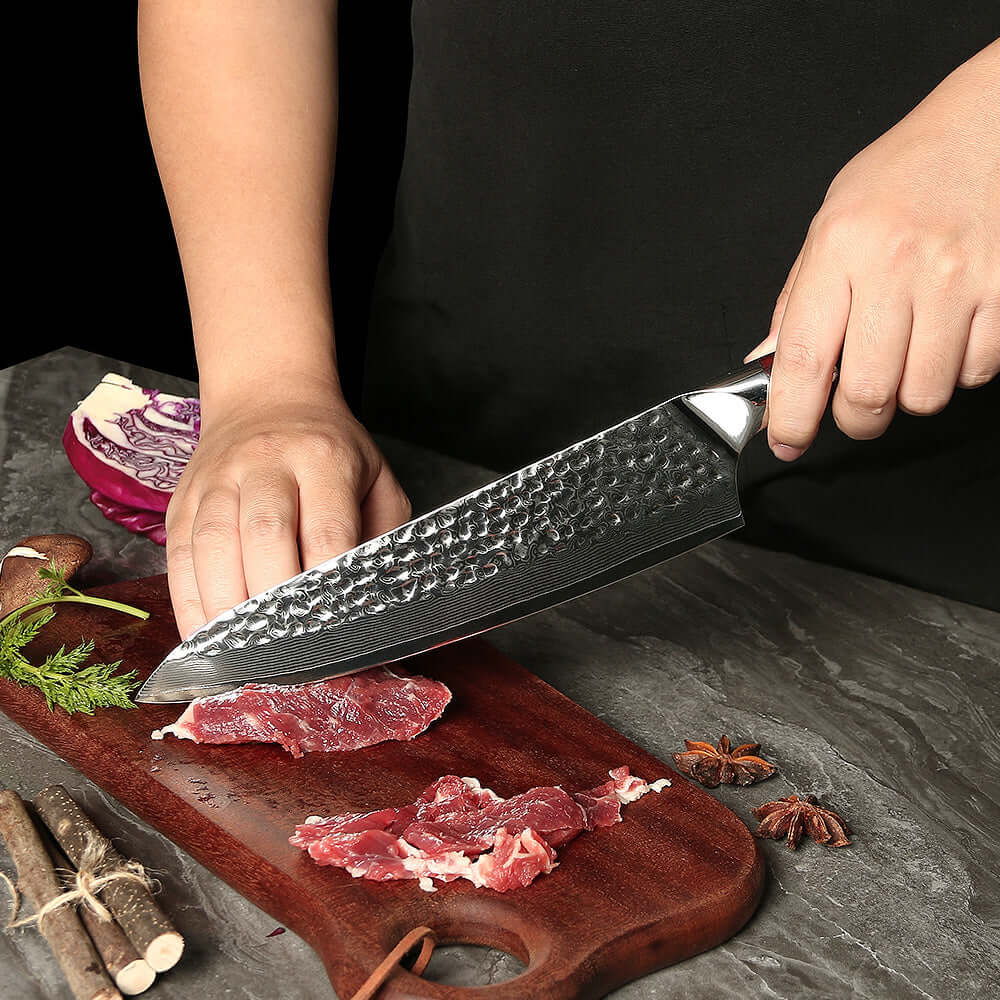 SÁNDALO MARTILLADO - Cuchillo Asador Acero Damasco 67 capas Hoja 20 cm PATAGÓN (7683999301734)