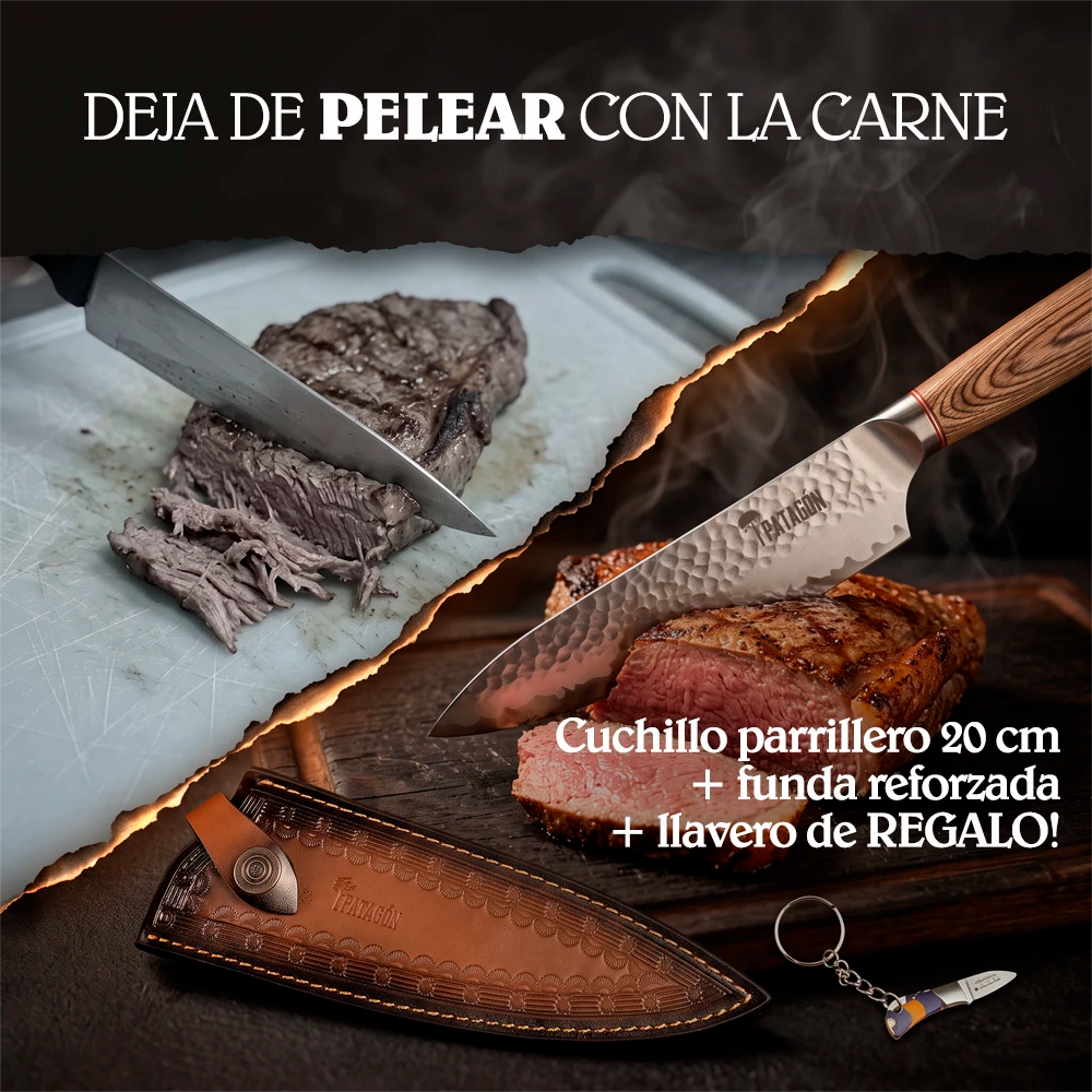 Pack Cuchillo Parrillero hoja 20 cm + Funda PATAGÓN - VIVA EL ASADO + REGALO 🎁