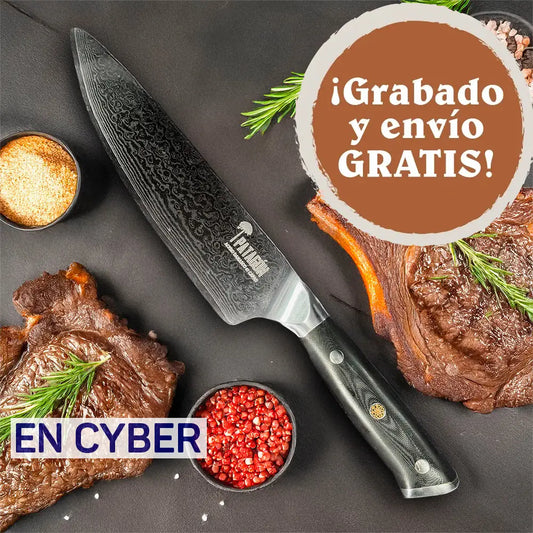 Cuchillo Chef Damasco 67 capas hoja 20 cm PATAGÓN - CARBONO