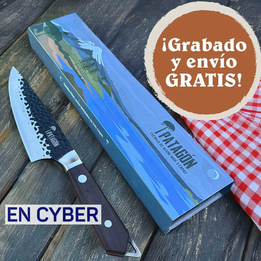Cuchillo Parrillero inox. 3 capas hoja 20 cm Martillado PATAGÓN - PIÑON