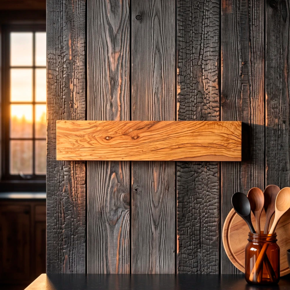 Exhibidor magnético de madera de olivo para pared de cocina o quincho