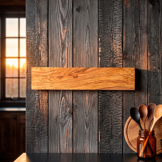 Exhibidor magnético de madera de olivo para pared de cocina o quincho