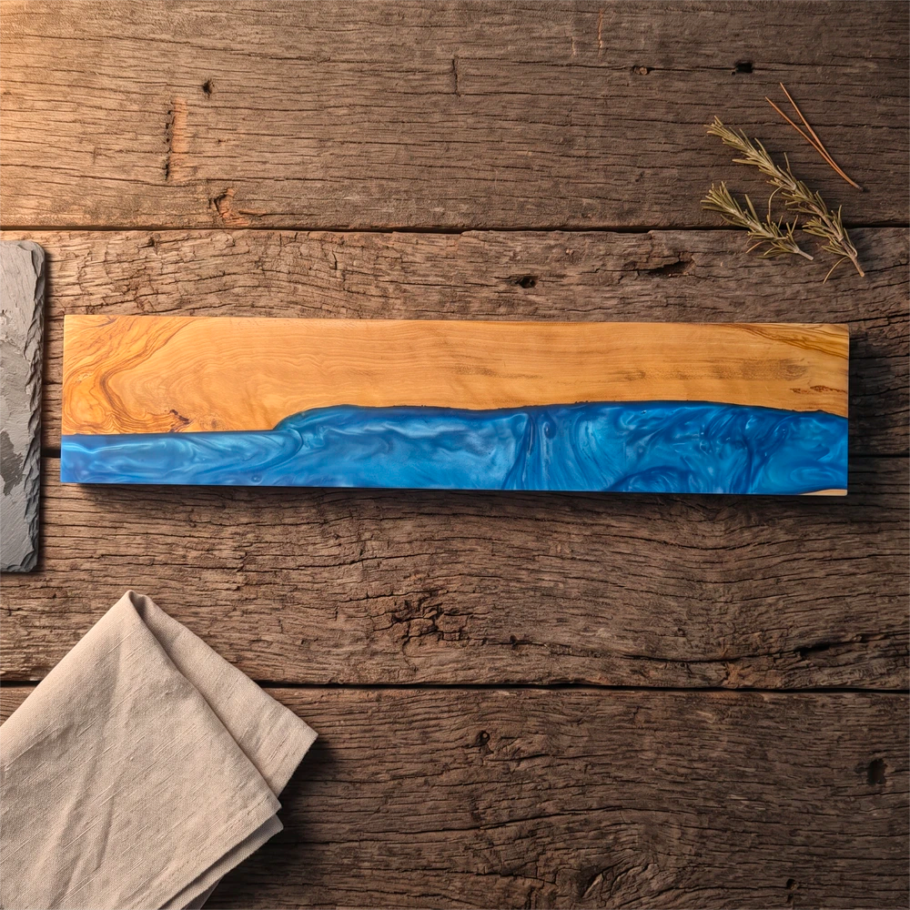 Exhibidor magnético de olivo y resina epóxica azul tipo río, 46 cm