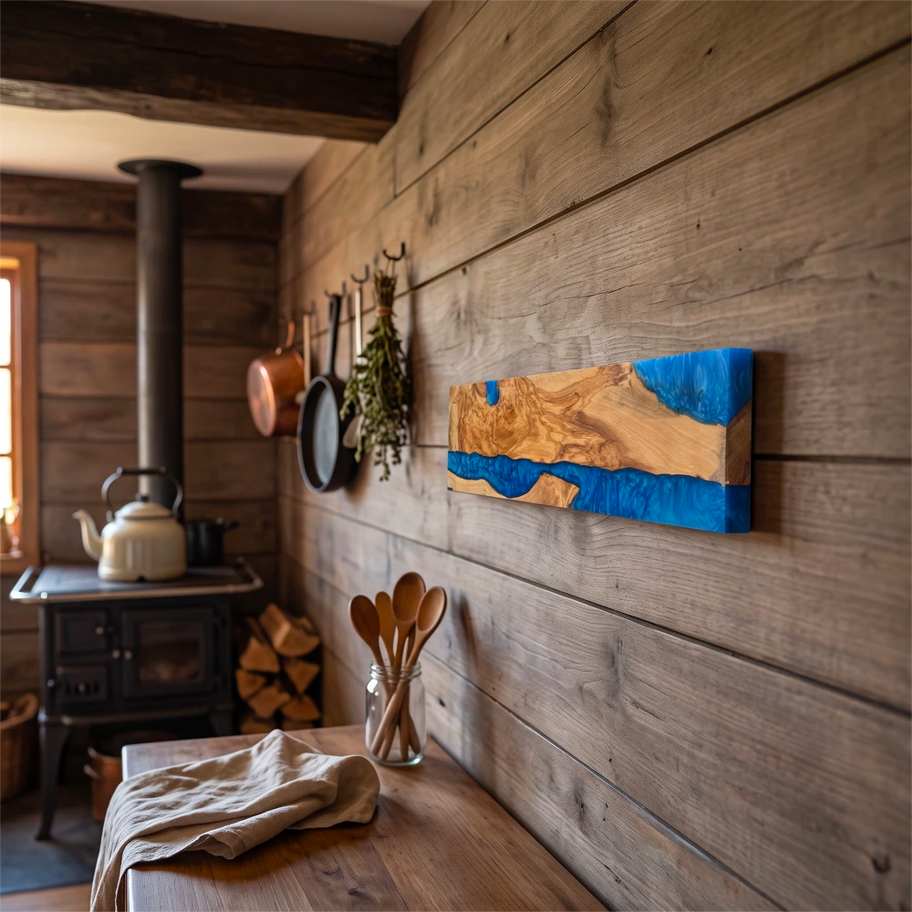 Porta cuchillos magnético de pared en olivo y resina epóxica azul