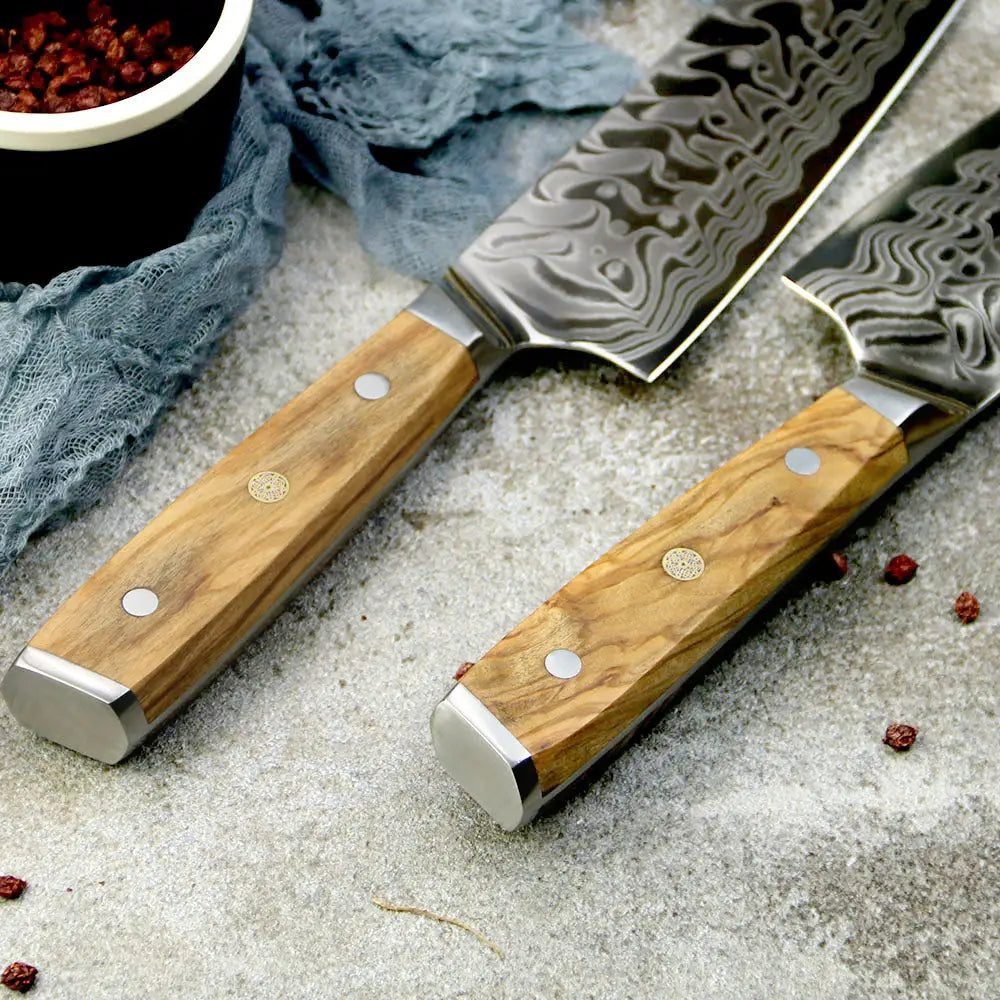 OLIVO - Cuchillo Kiritsuke Patagón Damasco 45 capas hoja ancha 20 cm