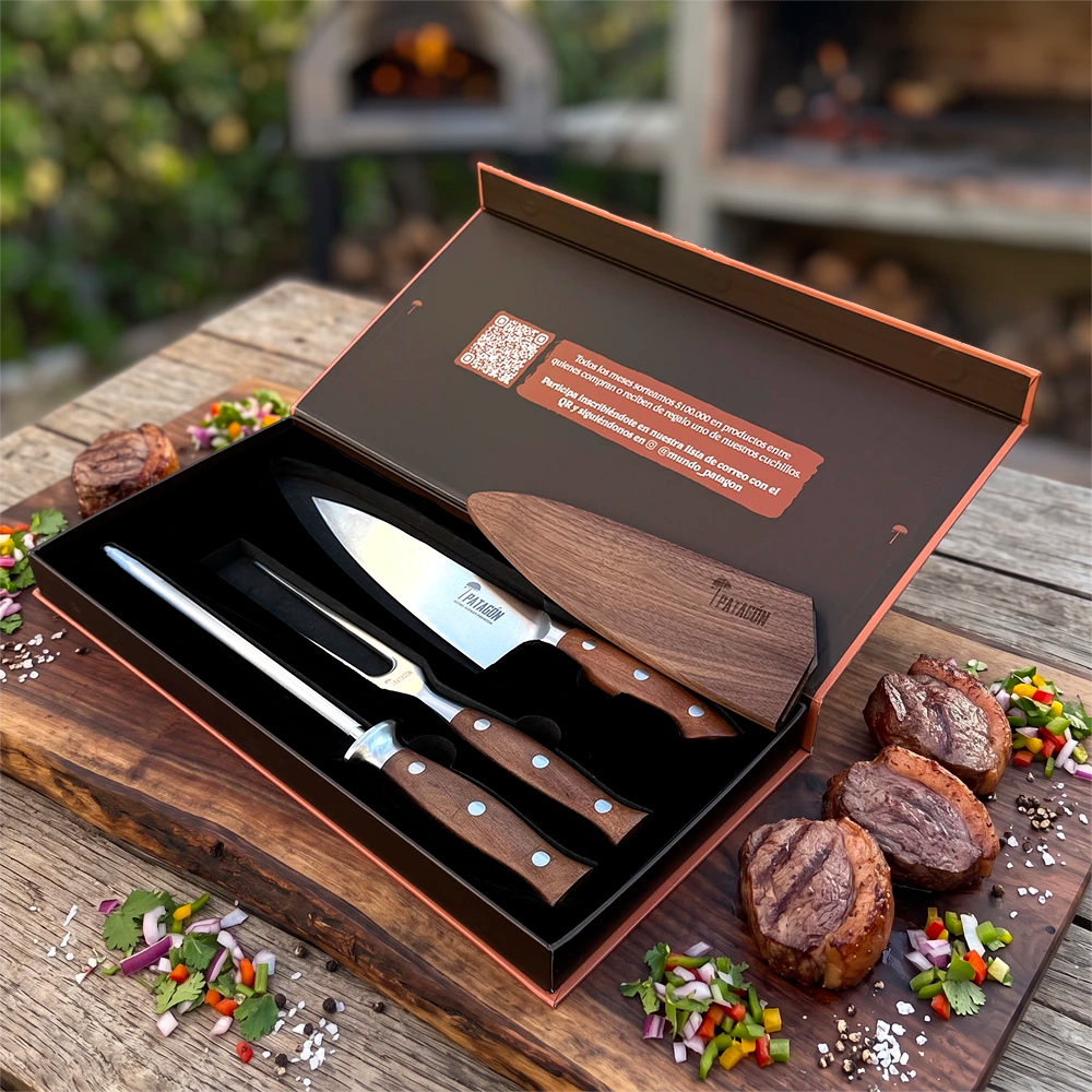 Set Parrillero 3 piezas - Cuchillo + Tenedor + Chaira PATAGÓN - PELLÍN