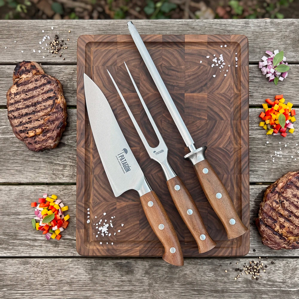 Set Parrillero 3 piezas - Cuchillo + Tenedor + Chaira PATAGÓN - PELLÍN + REGALO 🎁
